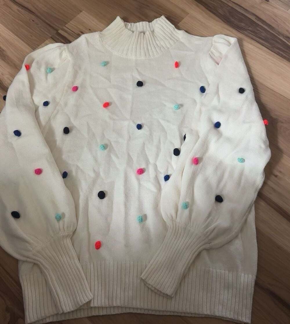 Women's Pom Pom Mock Neck Sweater Cream Multi-Color XL